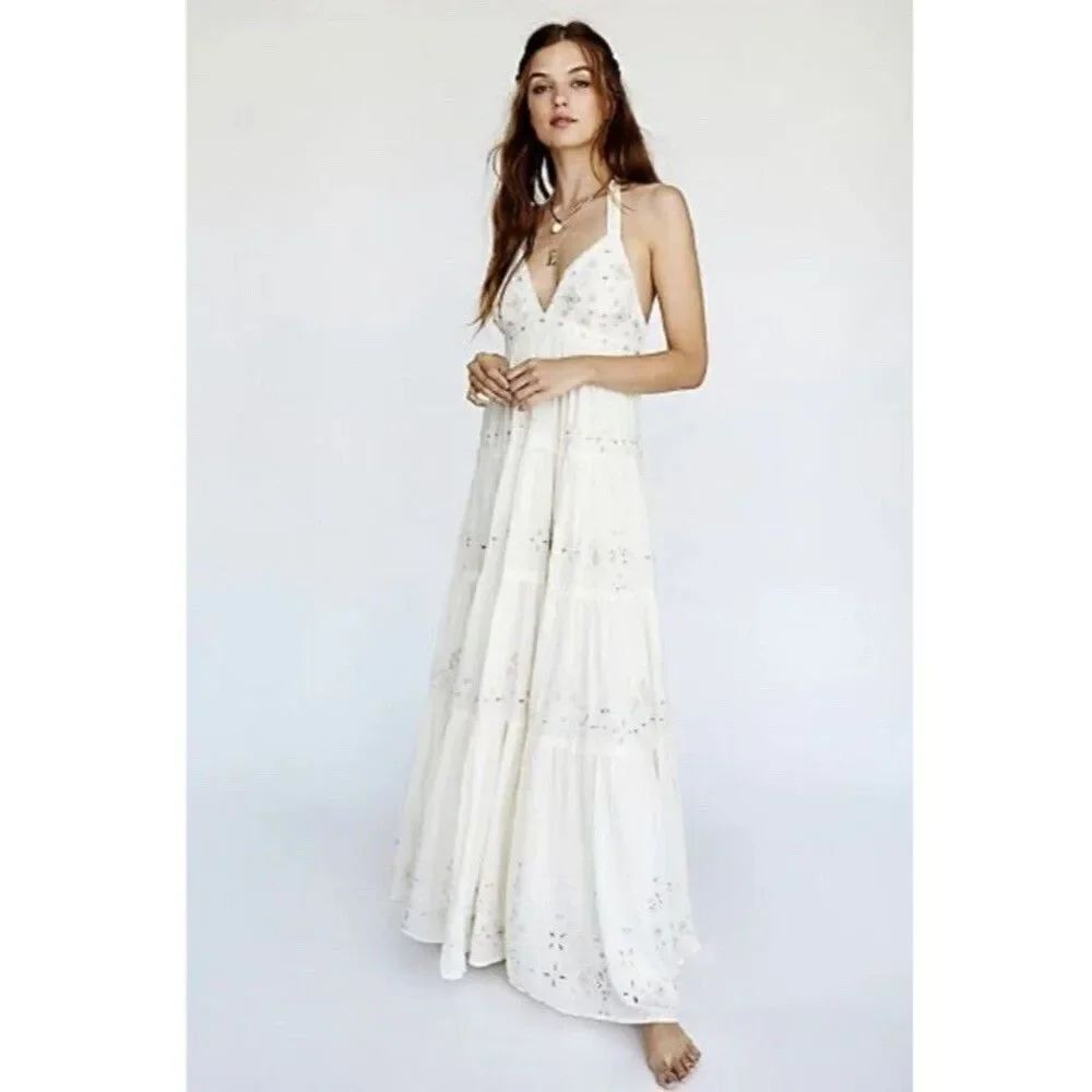 Free People Glitter Me Timbers Embellished Beaded Cutouts Maxi Gown Dress S NEW